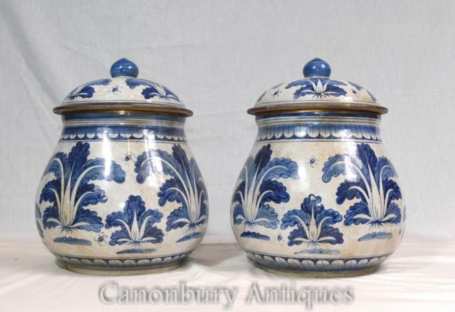 Pair Chinese Blue and White Porcelain Ming Urns Pots Jars