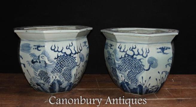 Pair Chinese Blue and White Porcelain Planters Pots Dragon