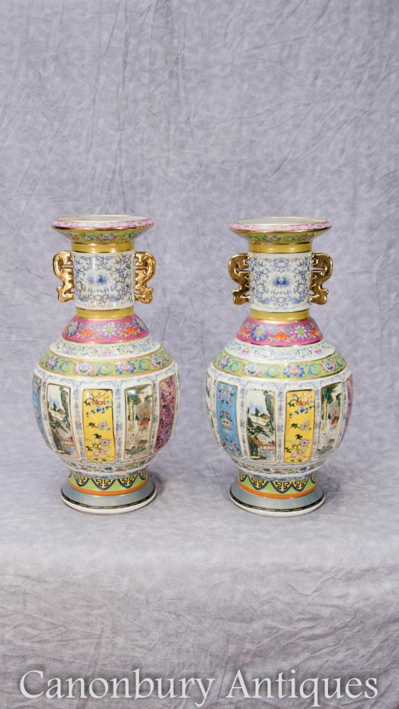 Pair Chinese Export Famille Jaune Porcelain Vases Urns