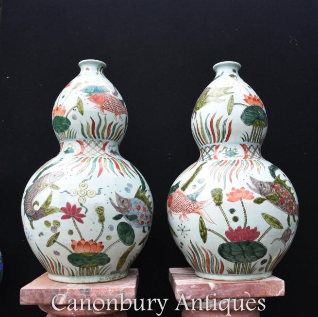 Pair Chinese Qian Porcelain Goldfish Vases Urns