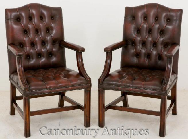 Pair Deep Button Leather Gainsborough Arm Chairs