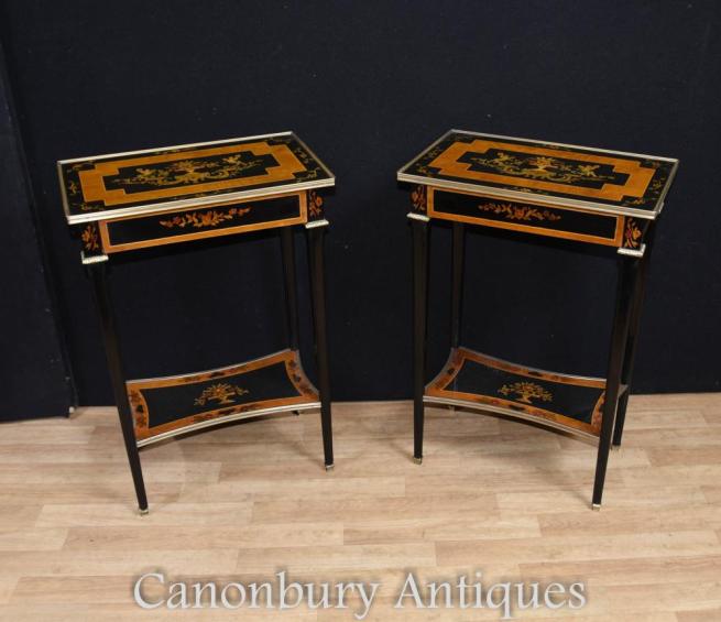 Pair Empire Black Lacquer Side Tables Cocktail