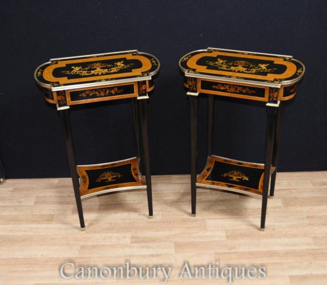 Pair Empire Lacquer Side Tables Cocktail Floral