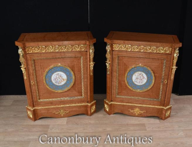 Pair Empire Satinwood Satinwood Cabinets with Sevres Plaques