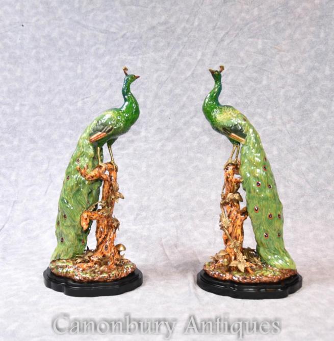 Pair English Majolica Porcelain Peakcock Statues
