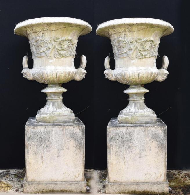 Pair English Stone Campana Garden Urns Pedestal Planters