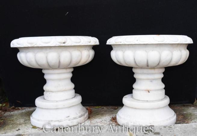 Pair English Stone Garden Urns Planters Pedestal Base