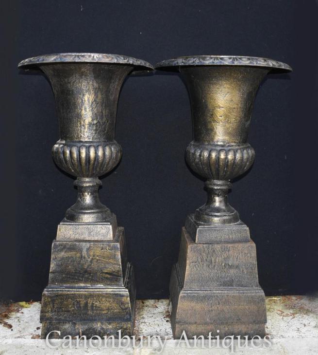 Pair English Victorian Cast Iron Garden Urns Classical Pedestal
