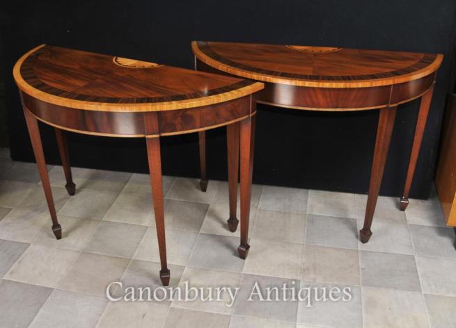 Pair Flame Mahogany Hepplewhite Console Tables Satinwood Inlay