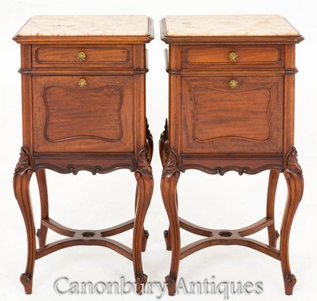 Pair French Antique Mahogany Bedside Chest Cabinets