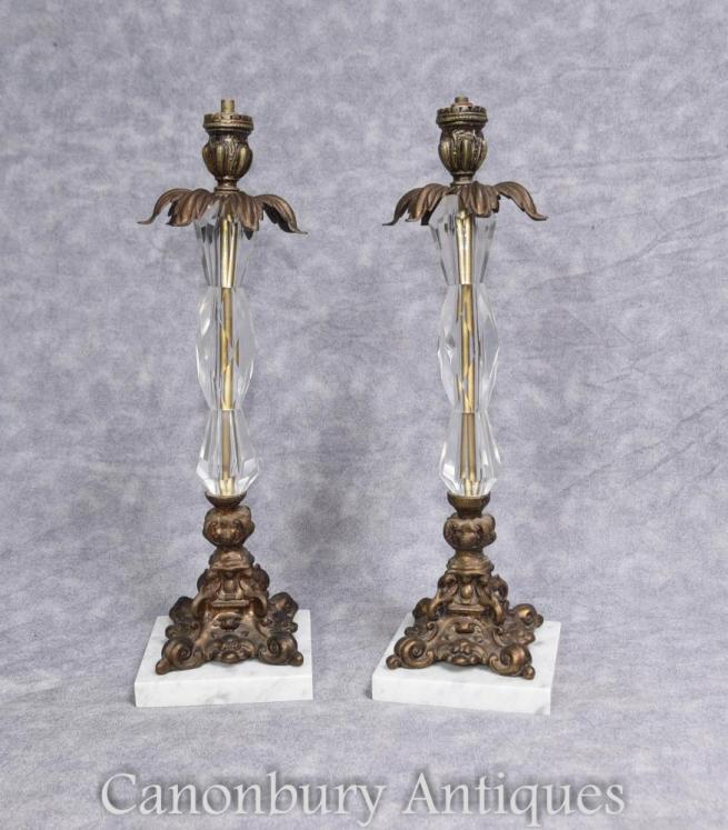 Pair French Art Nouveau Ormolu and Crystal Glass Table Lamps Lights