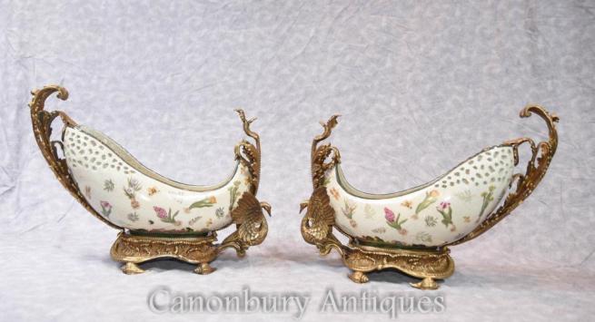 Pair French Art Nouveau Ormolu Swan Dishes Bowls
