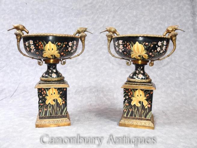 Pair French Art Nouveau Porcelain Urns on Stands Ormolu Birds