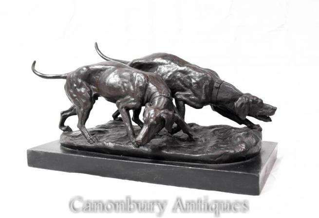 Pair French Bronze Hounds Dog Statue Signed Bary