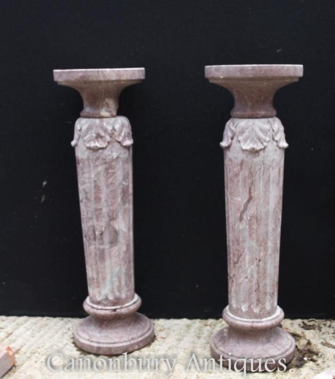 Pair French Classical Marble Column Pedestal Table Stands