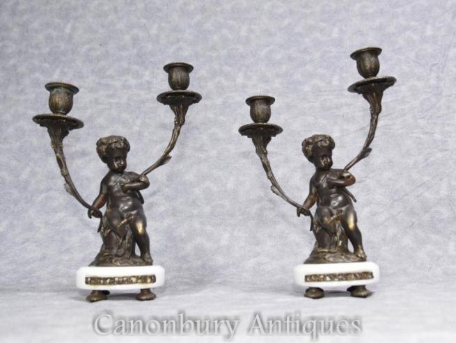 Pair French Empire Bronze Cherub Candelabras Candles