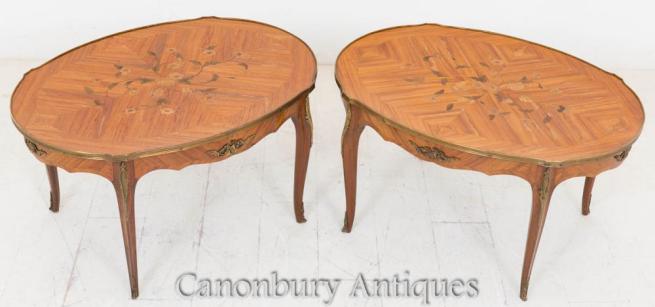 Pair French Empire Coffee Tables Side Inlay