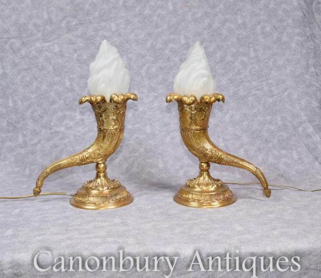 Pair French Empire Cornucopia Table Lamps Lights