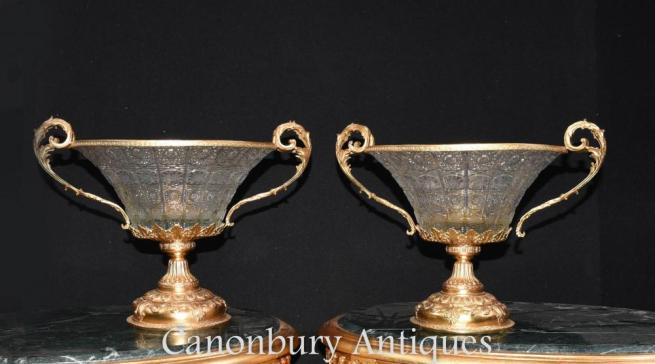 Pair French Empire Crystal Glass Urns Tureens Dishes