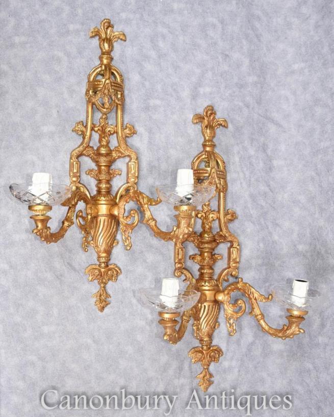 Pair French Empire Gilt Sconces Wall Lights Appliques