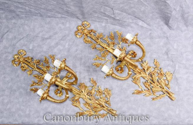 Pair French Empire Gilt Sconces Wall Lights Ormolu Candelabras