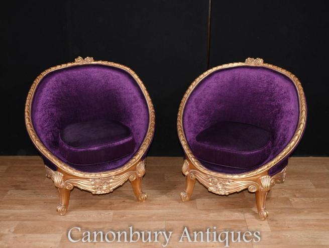 Pair French Empire Gilt Tub Seats Arm Chairs