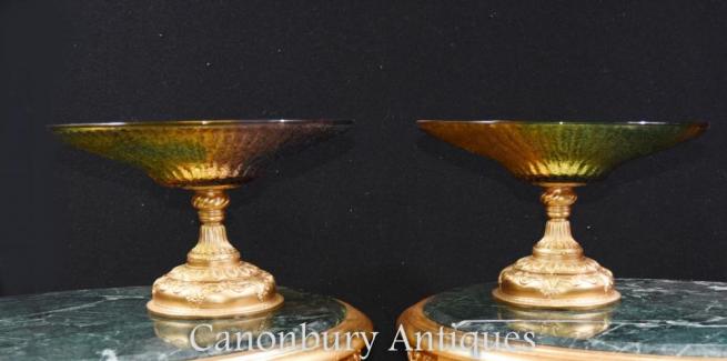 Pair French Empire Glass Ormolu Comports Dishes Bowl