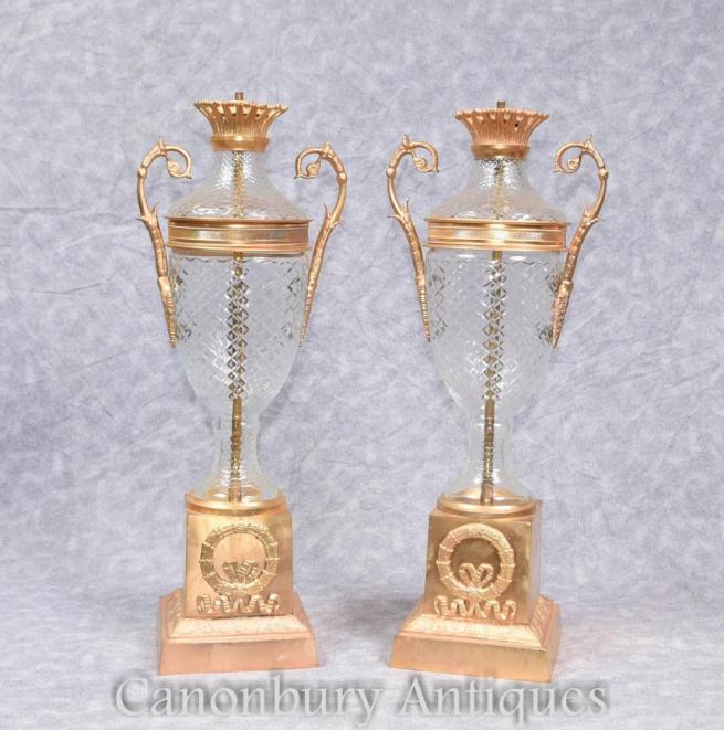 Pair French Empire Ormolu Cut Glass Table Lamps Lights