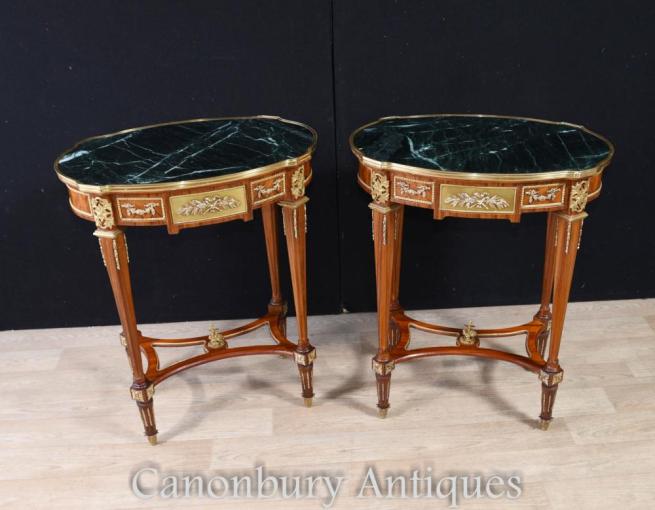 Pair French Empire Oval Side Tables Marble Top Cocktail