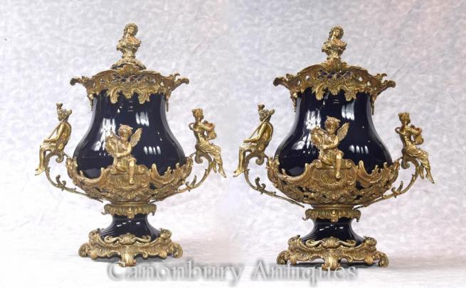 Pair French Empire Porcelain Lidded Urns Vases Angel Cherub