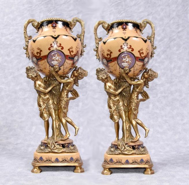 Pair French Empire Porcelain Ormolu Maiden Vases Urns