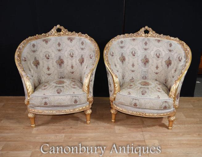 Pair French Louis XVI Tub Chairs Gilt Arm Chair