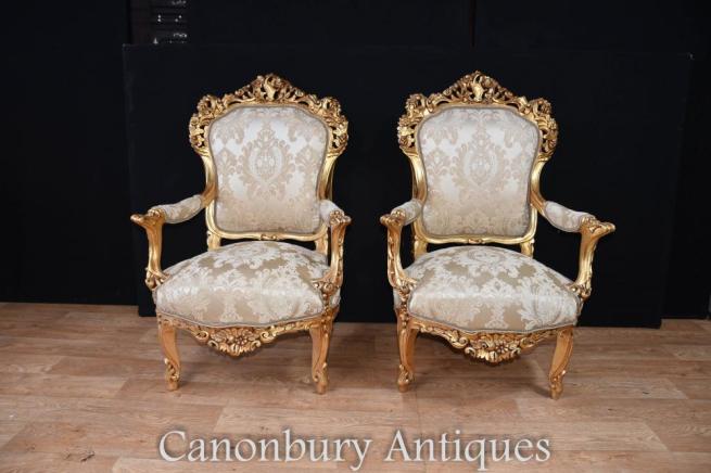 Pair French Rococo Gilt Arm Chairs Fauteuil