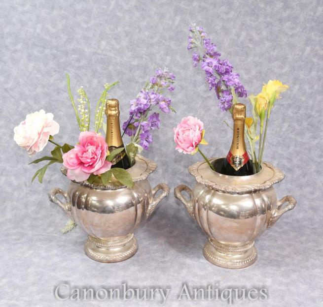 Pair Georgian Silver Plate Champagne Buckets Wine Coolers Urns
