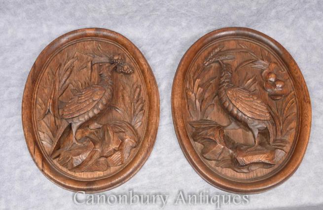 Pair German Black Forest Carved Game Bird Plaques Pheasant 1910