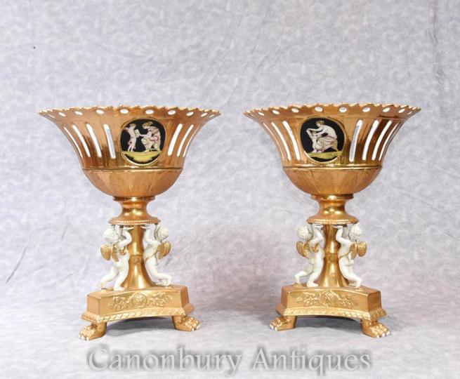 Pair German Dresden Bisque Porcelain Vases Urns Bowls
