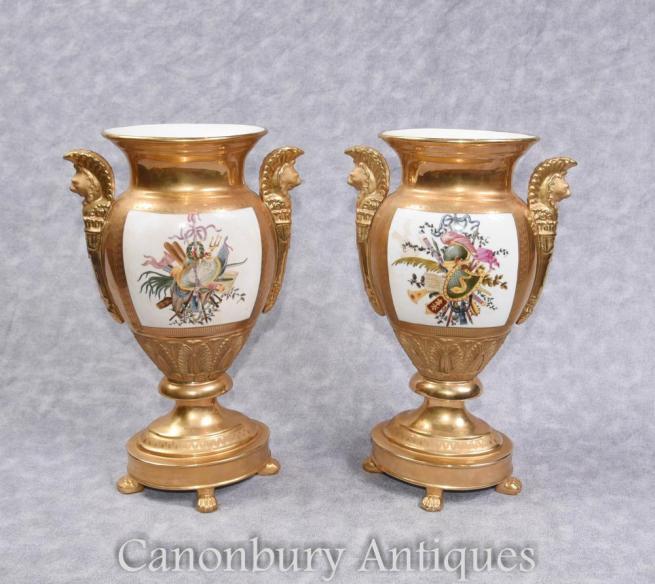 Pair German Dresden Porcelain Floral Vases Urns