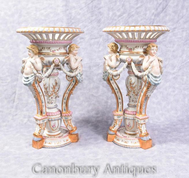 Pair German Meissen Porcelain Cherub Comports Dish on Stands Bowls