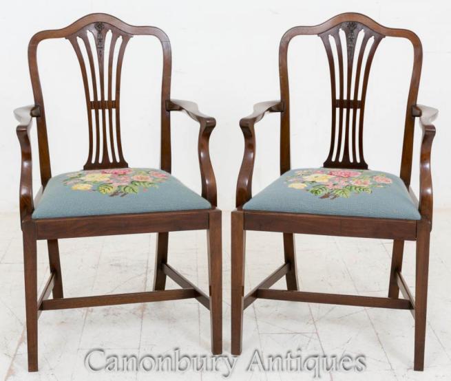 Pair Hepplewhite Mahogany Arm Chairs Carvers Dining