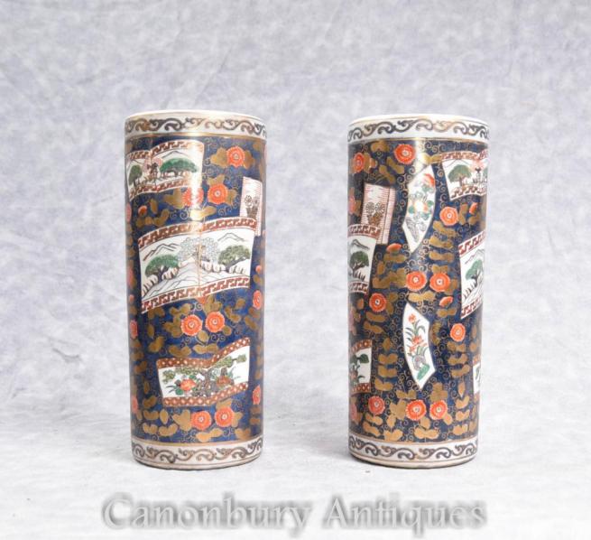 Pair Japanese Imari Porcelain Tall Vases Urns Umbrella Stands