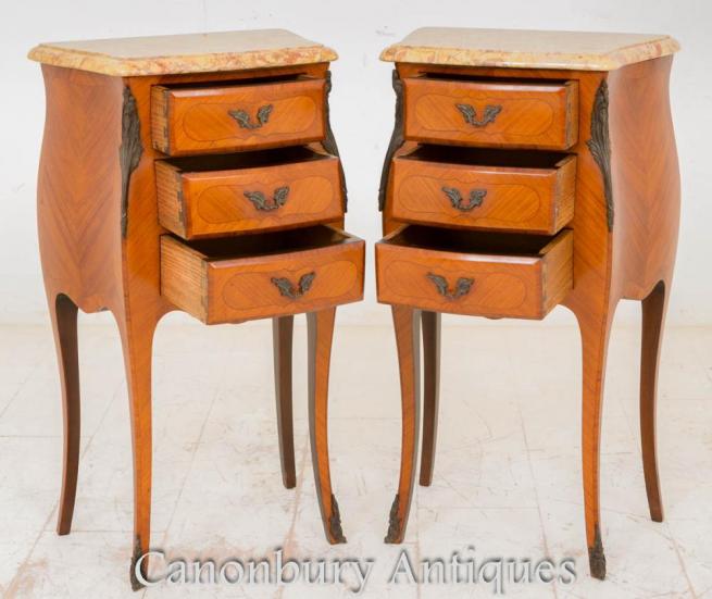 Pair Kingwood French Antique Empire Bedside Chests Cabinets