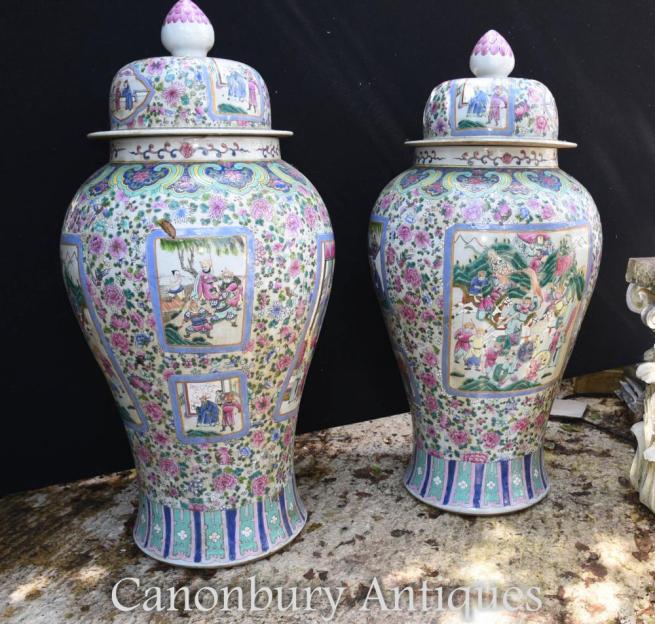 Pair Large Chinese Porcelain Ming Ginger Urns Lidded Vases