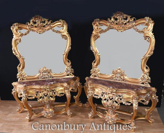 Pair Louis XVI Gilt Console Table Rococo Mirror Sets