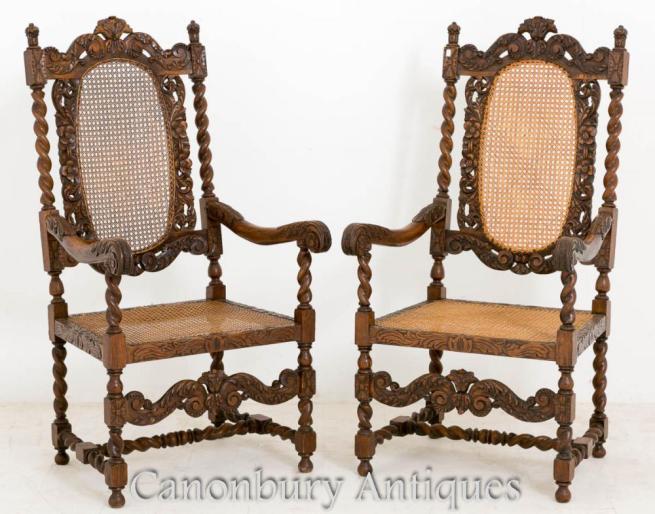 Pair Oak Carolean Farmhouse Arm Chairs 1880