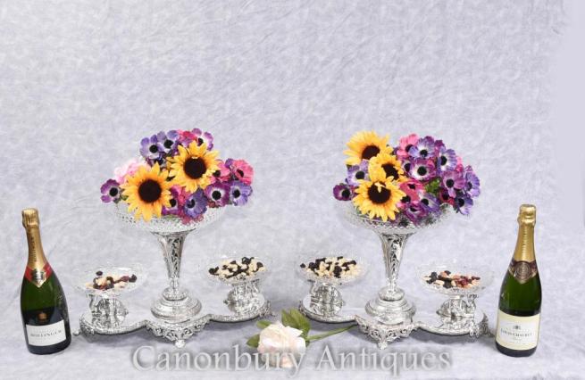 Pair Sheffield Silver Plate Camel Epergne Centrepieces Glass Bowl