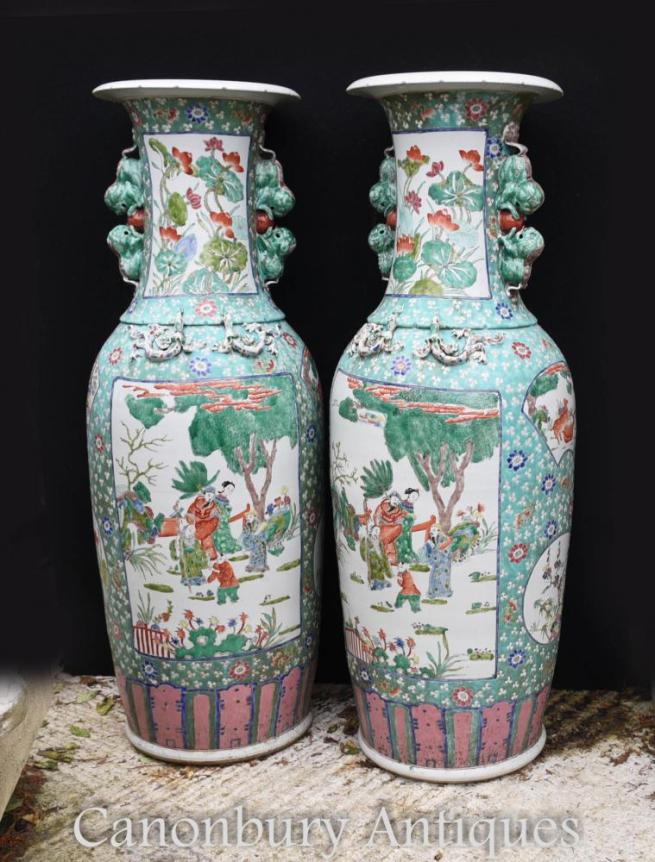 Pair Tall Chinese Famille Vert Porcelain Urns Vases