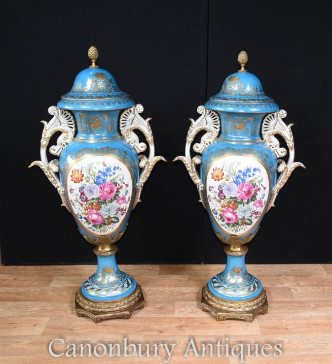 Pair Tall Sevres Porcelain Floral Vases Urns