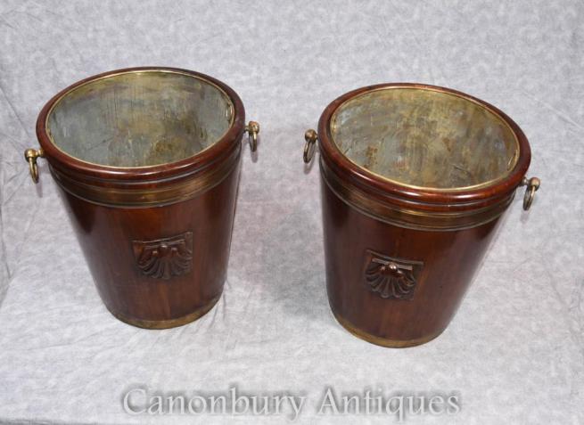 Pair Victorian Mahogany Peat Buckets Planters Pots Urns Brass