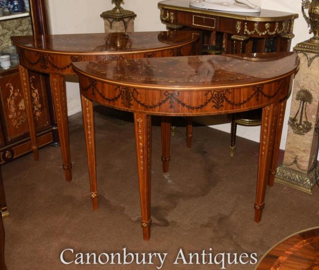 Pair Walnut Adams Demi Lune Console Tables