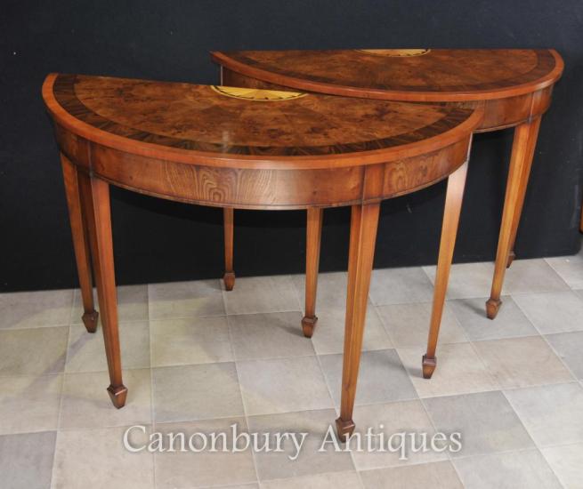 Pair Walnut Demi Lune Console Tables Hepplewhite Regency